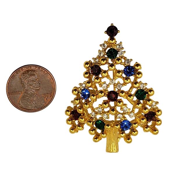 Eisenberg Rhinestone Christmas Tree Brooch Gold Tone Bling Holiday Pin Signed - Picture 2 of 8